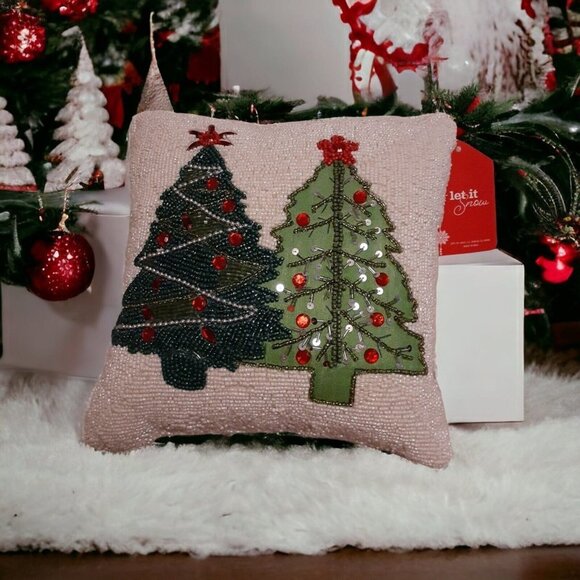 White Beaded Green Decorated Christmas Trees Festive Holiday Pillow 12x12 - Picture 15 of 16